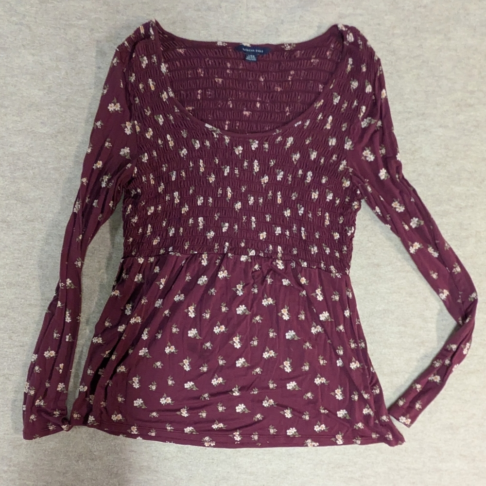 AE Floral Maroon Smocked Long Sleeve Top Size Large Y2K Babydoll Like Scoop Neck